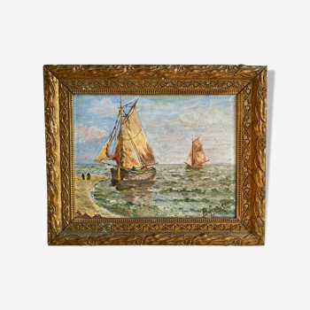 Ancient painting, Marine, signed 20th century