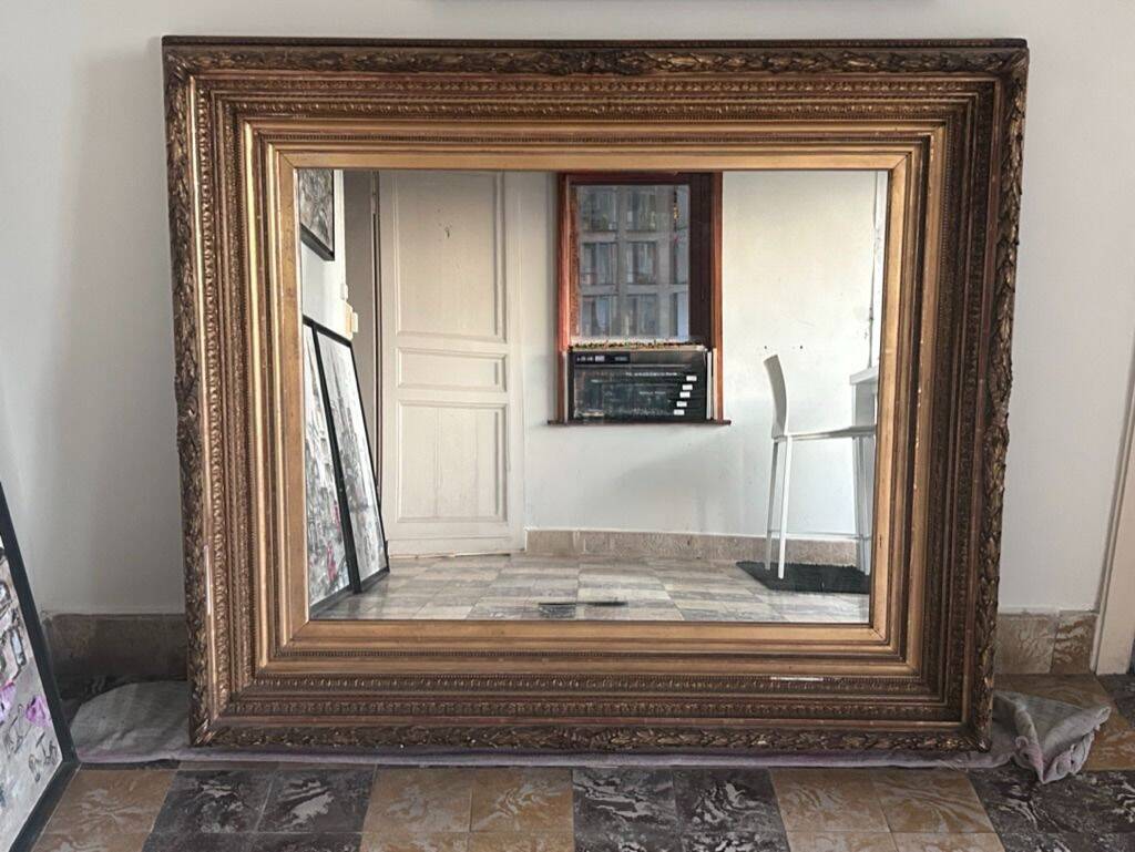 Large antique Napoleon III mirror – Wooden and gilded stucco frame – 135 × 114