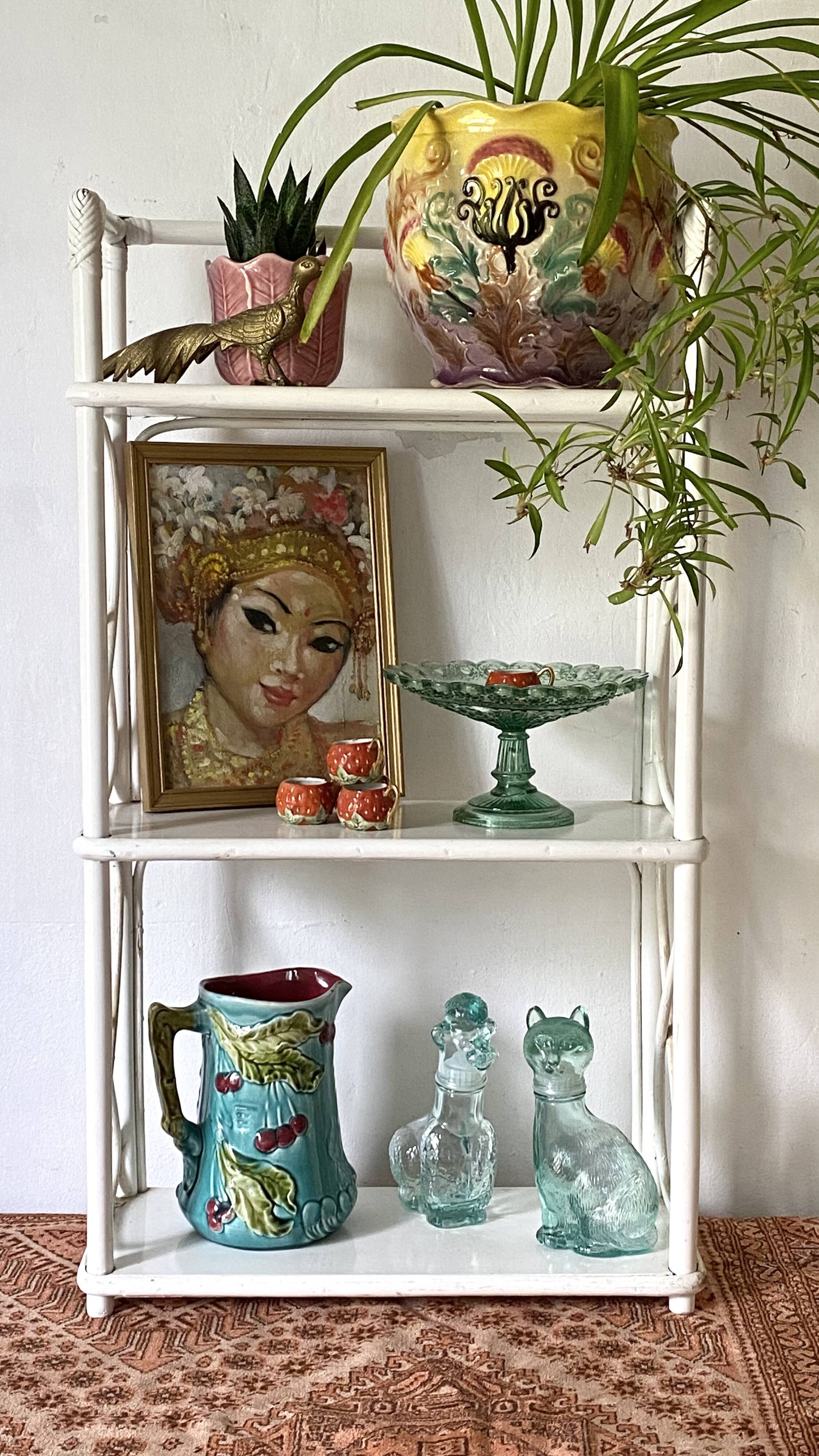 Vintage white lacquered rattan shelf