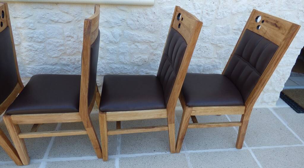 6 High-back chairs in high-quality, plush solid wood with brown faux leather