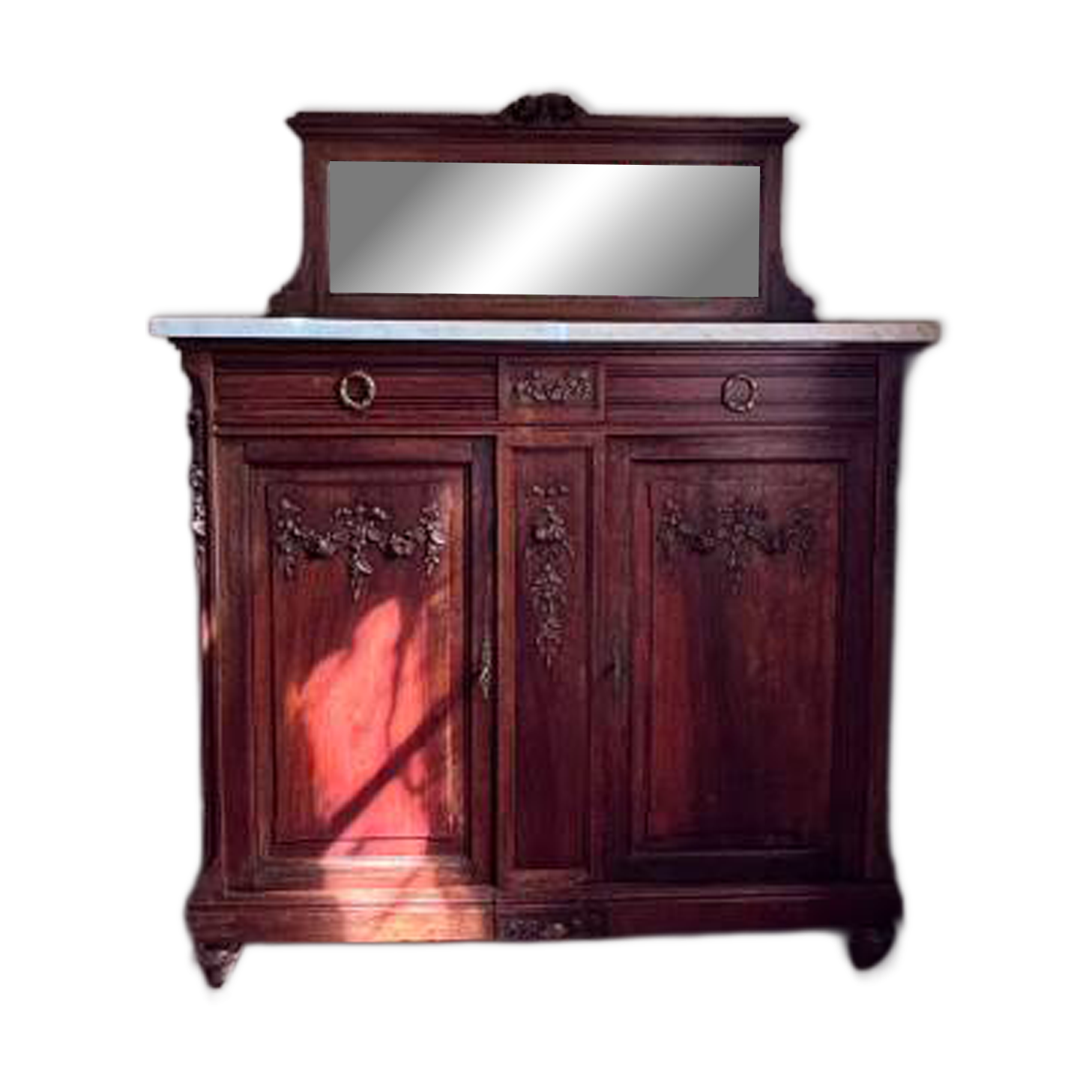 Buffet ancien style Henri II – Plateau en marbre et miroir