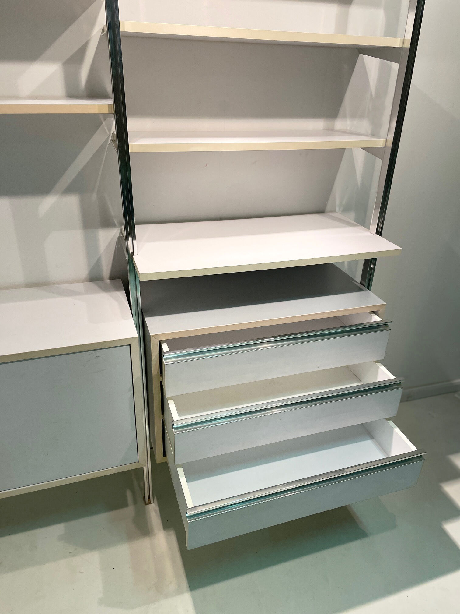 Modular library floor/ceiling buffet & chest of drawers