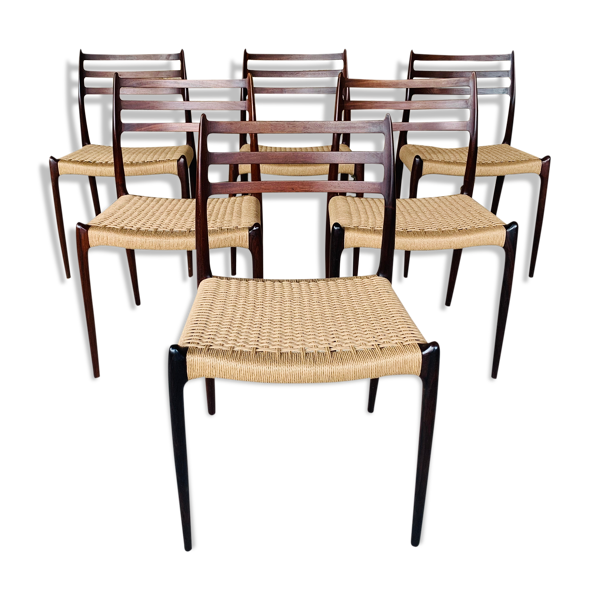 Ensemble de 6 chaises, modèle 78 en palissandre, première édition par Niels Moller, circa 1962-1970