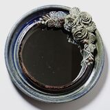 Round wall mirror in blue stoneware La Borne Catido floral decoration 1960 - Accidents