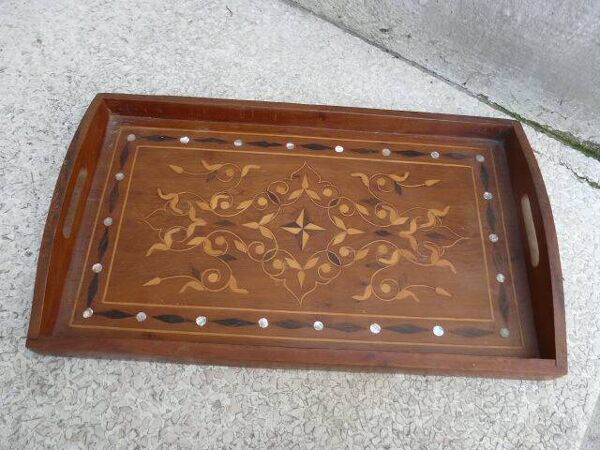 Ancien plateau de service marqueterie bois & nacre vintage