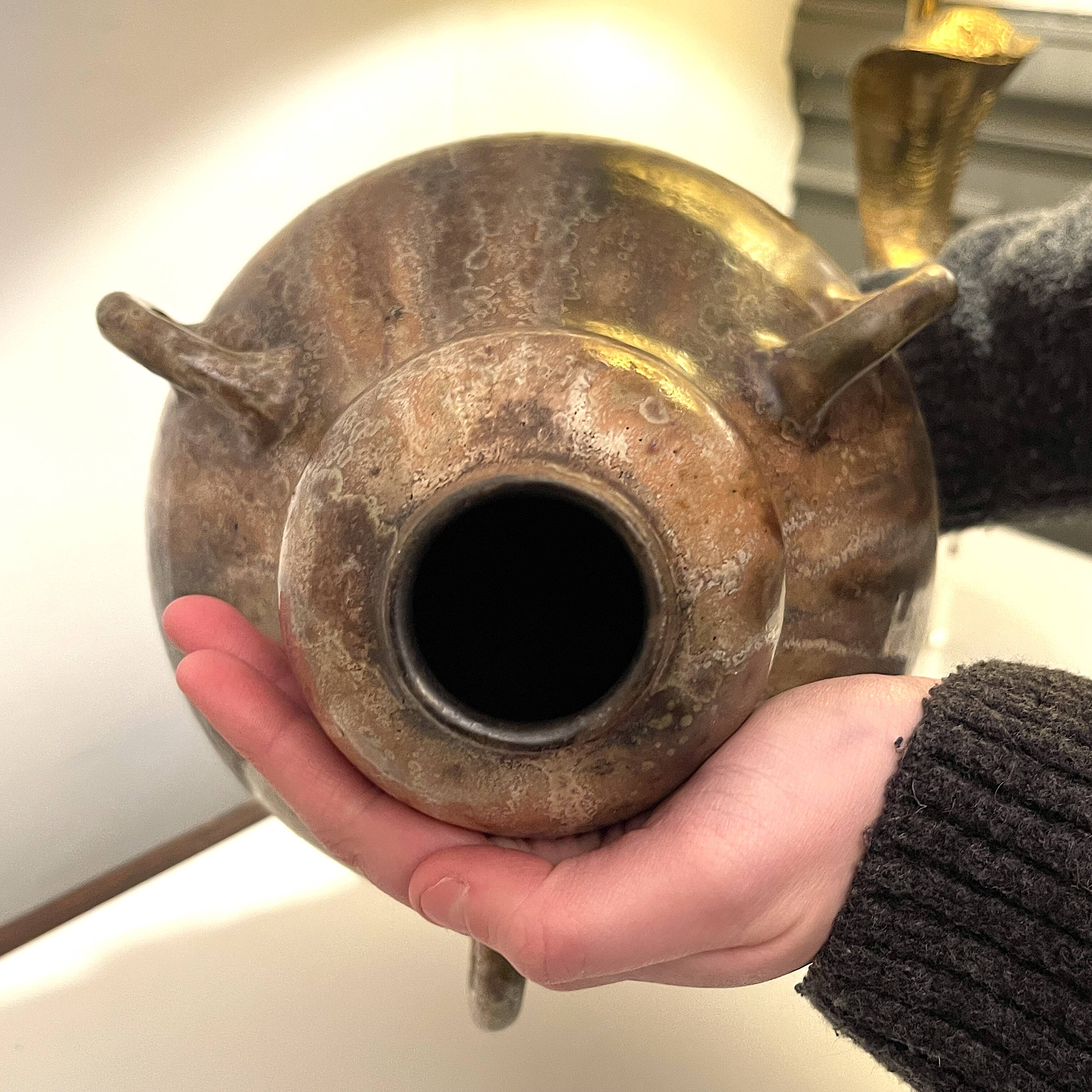 art nouveau brown 'colocynth' vase with three handles, roger guerin