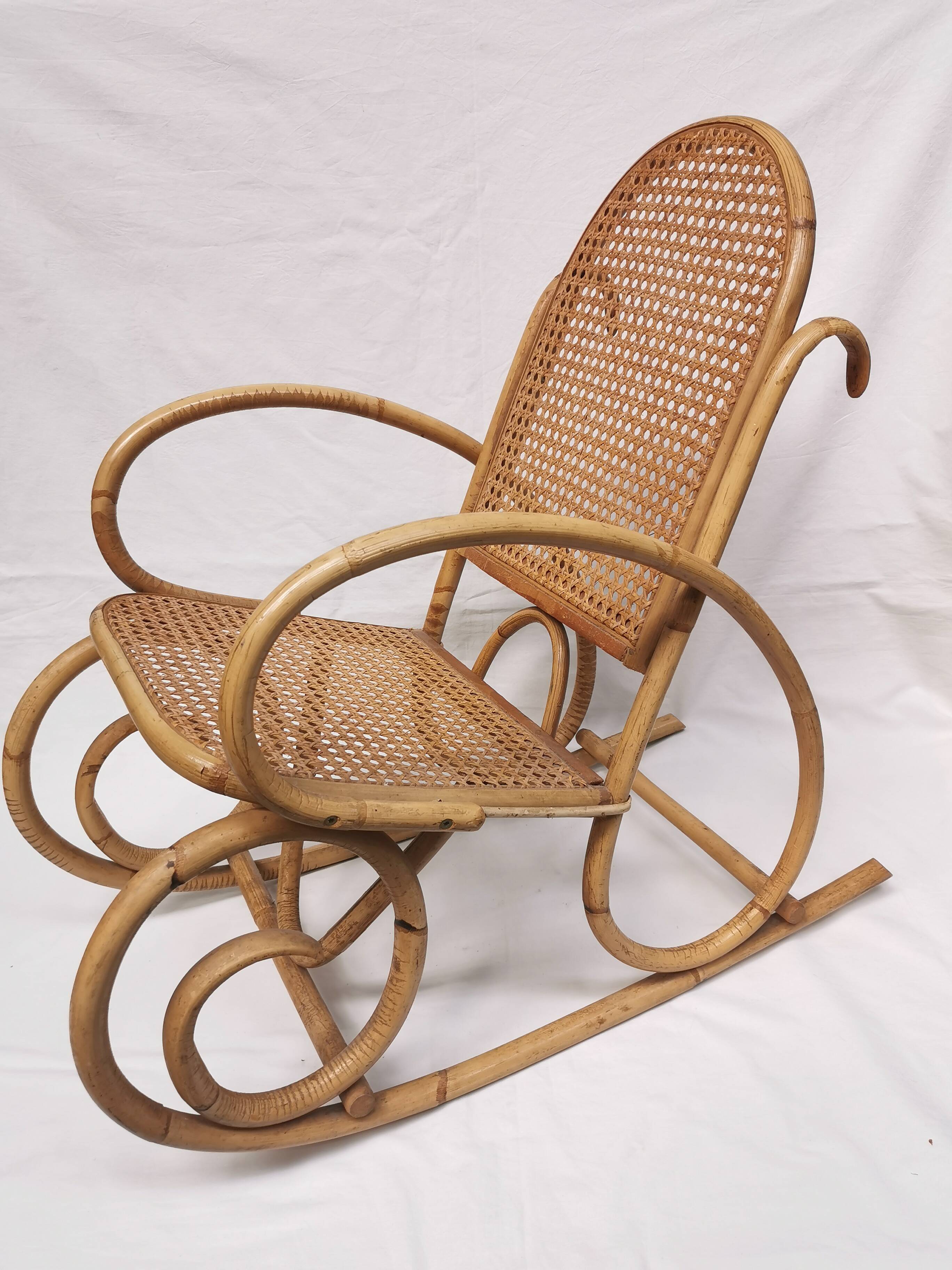 Vintage rocking chair child in rattan, canework