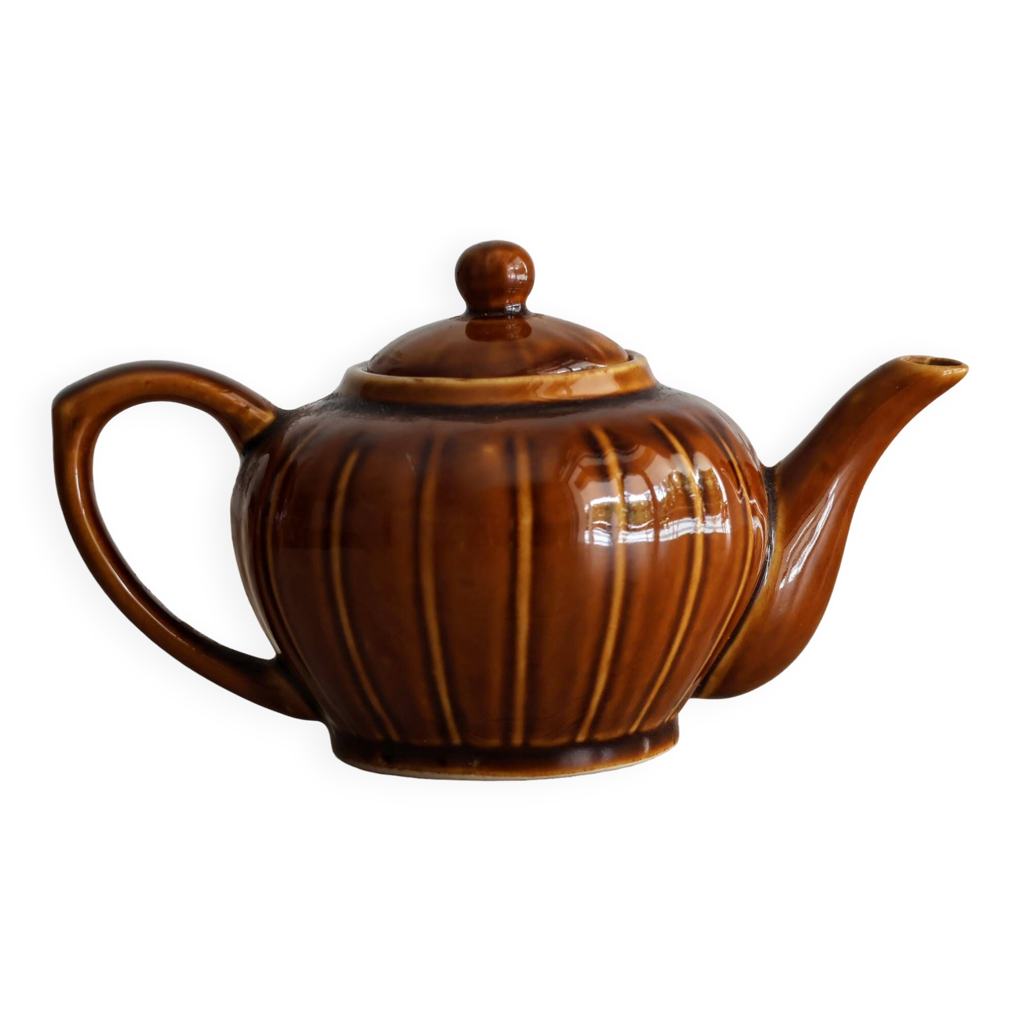 Théière chinoise style citrouille à panneaux marron vintage
