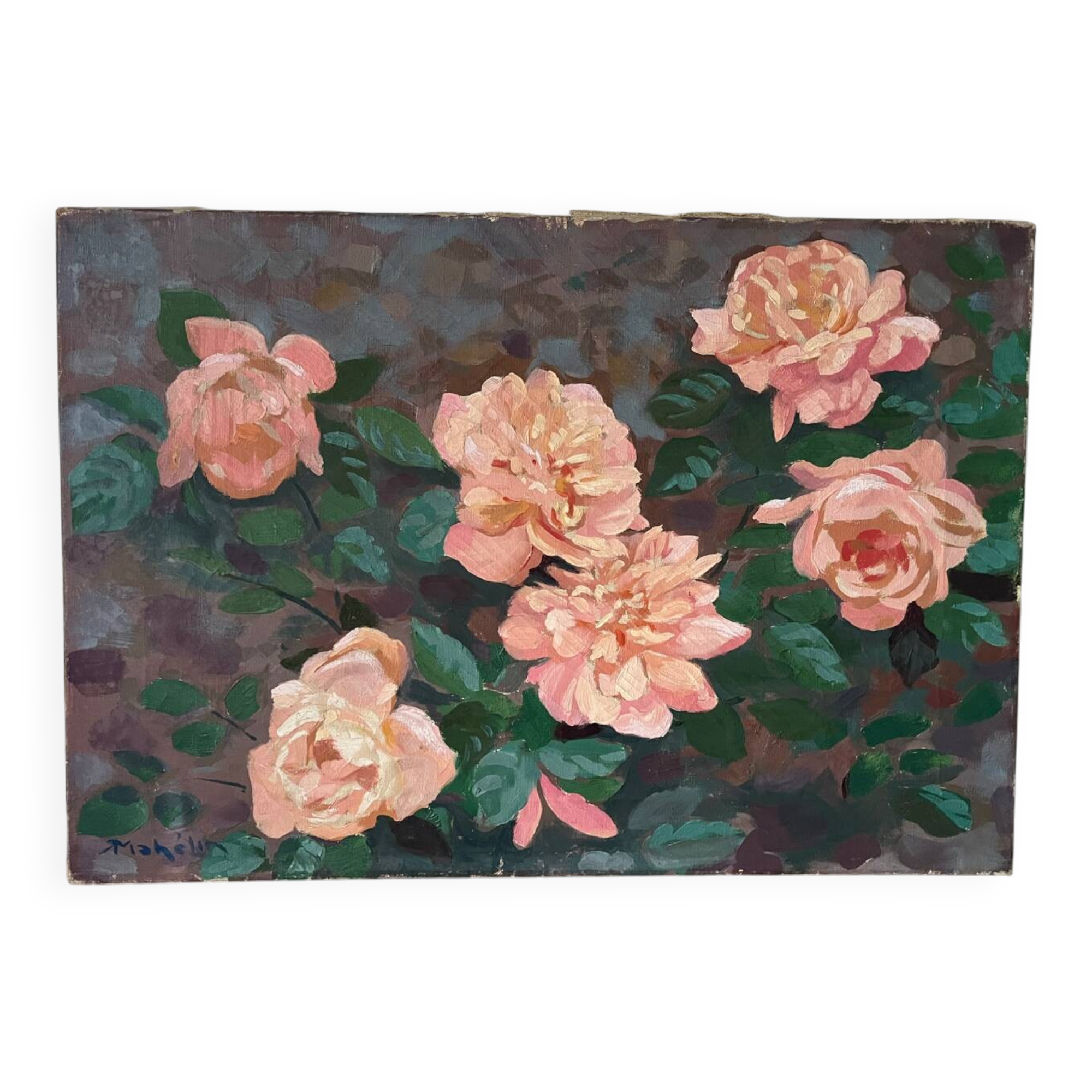 The roses, oil on canvas signed Mahelin.