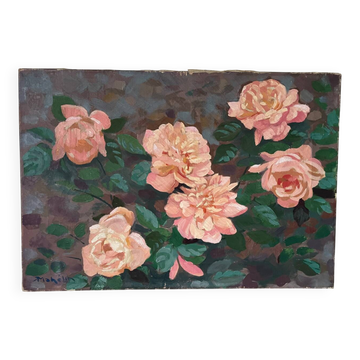 Les roses, huile sur toile signé Mahelin