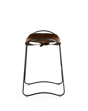 Contemporary sculptural bar stool, smoked black metal and black leather.