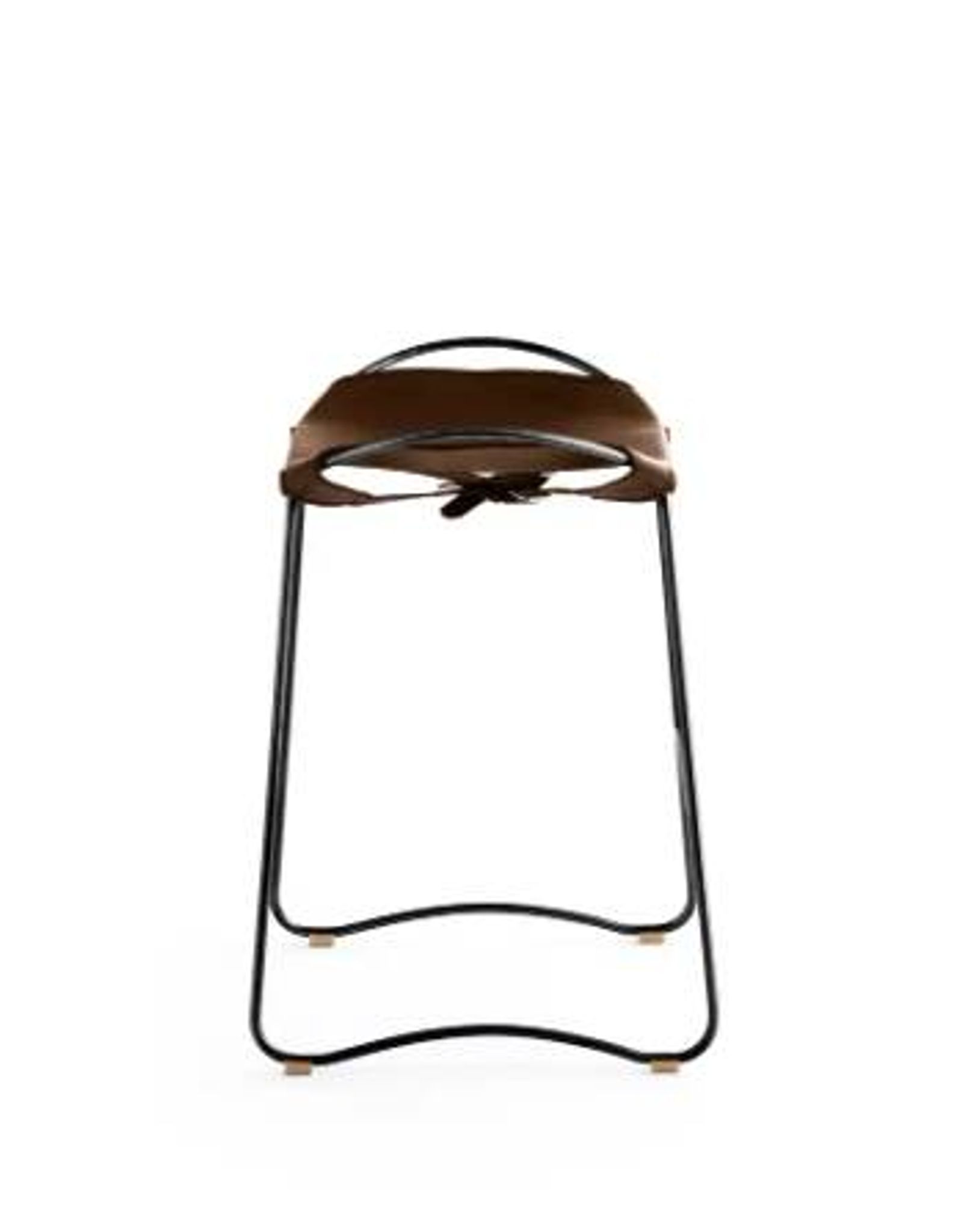 Tabouret de bar sculptural contemporain, métal noir fumé et cuir noir