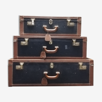 Set de 3 valises gigognes cuir et moleskine 1960