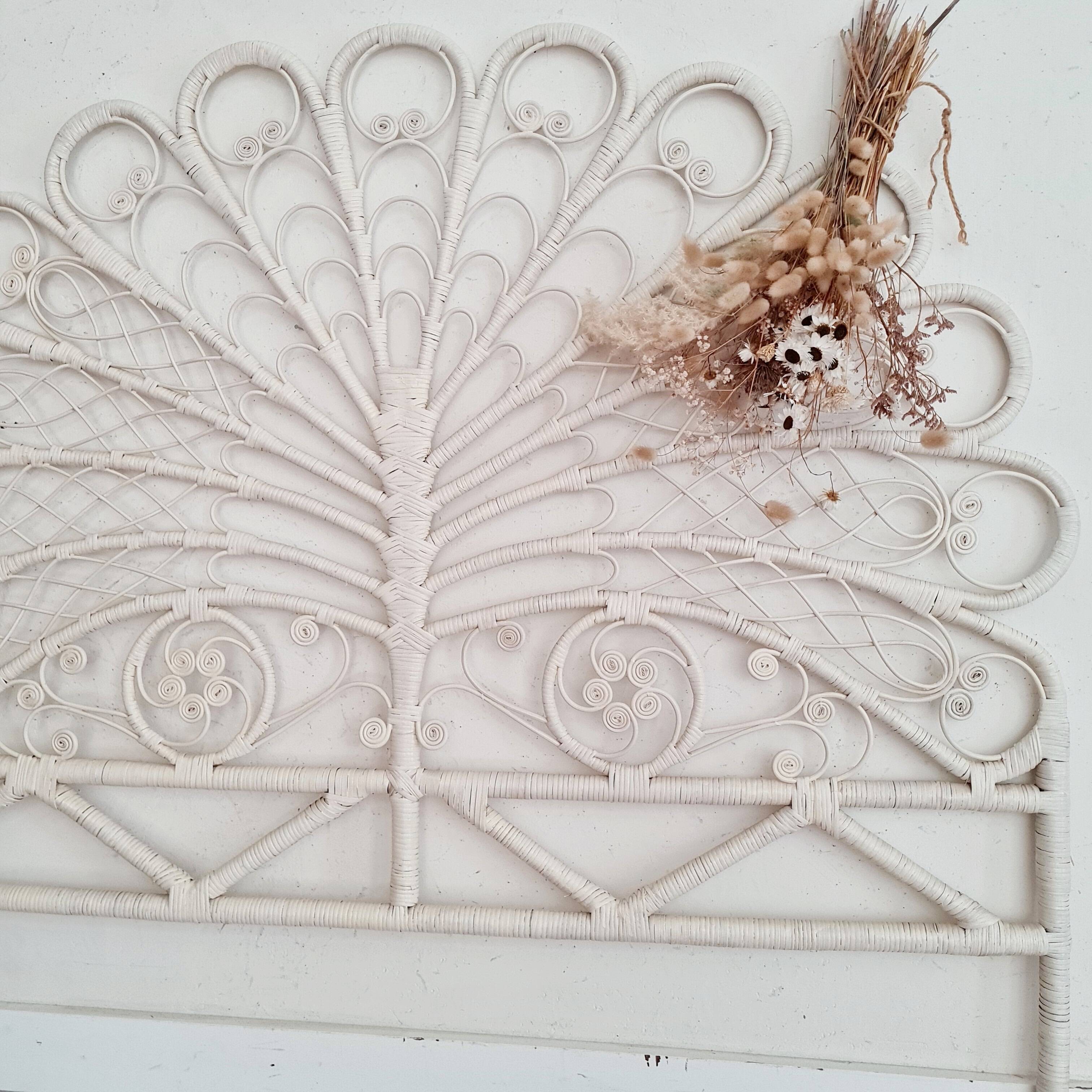 Peacock headboard in white rattan