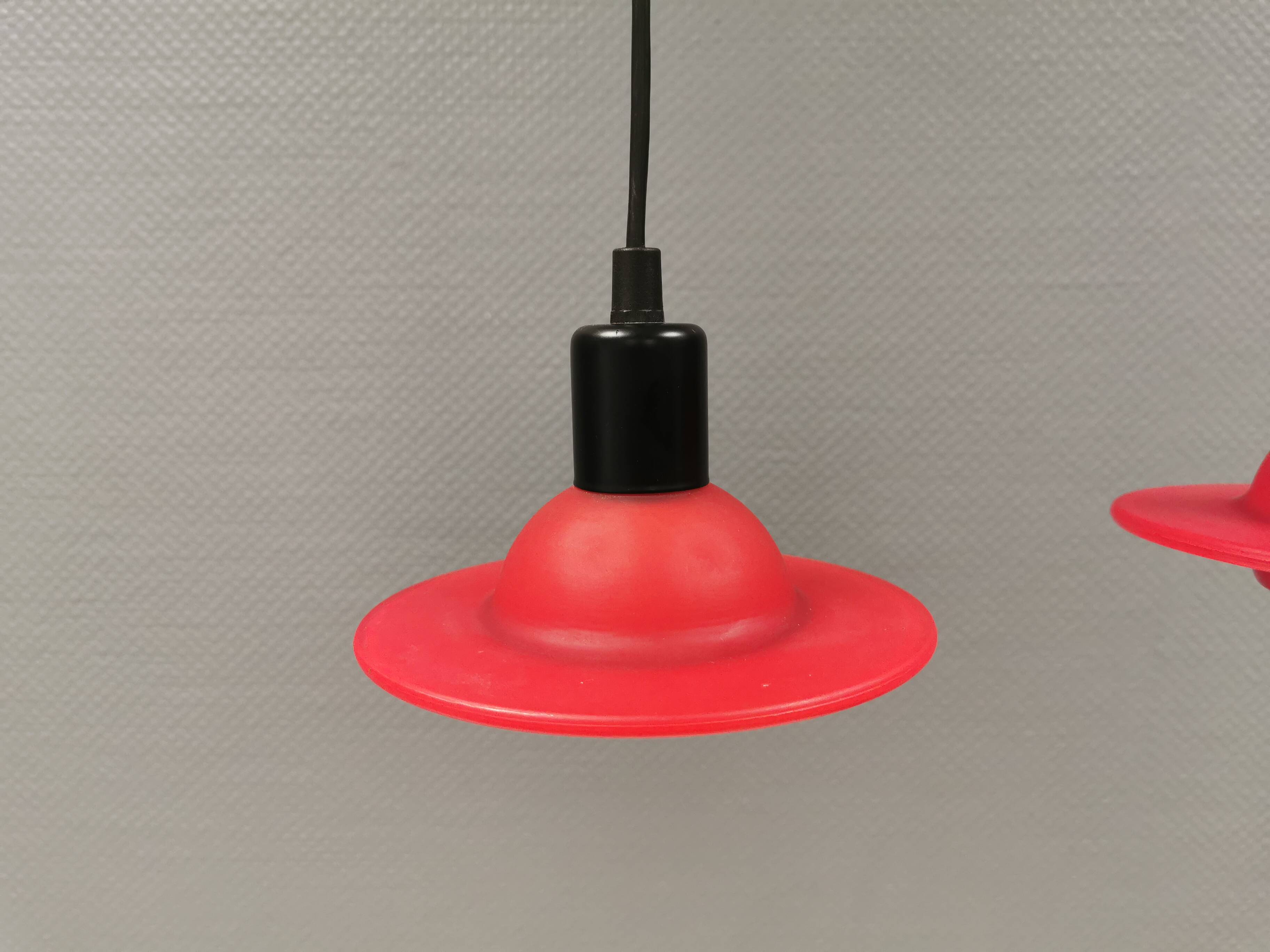 Red UFO glass lamps from the early 90s, Danish and made by Design Light