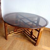 Vintage rattan and smoked glass coffee table from the 1970s