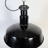 Large Industrial Black Enamel Factory Lamp with Cast Iron Top, 1950s