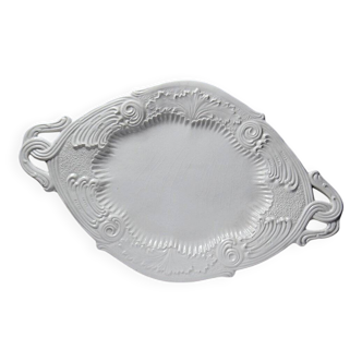 Small dish/white faience tray with woven handles vintage Bassano