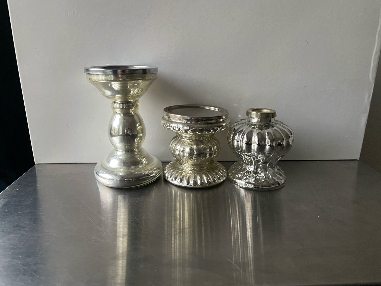 Set of 3 vintage mercury glass candleholders