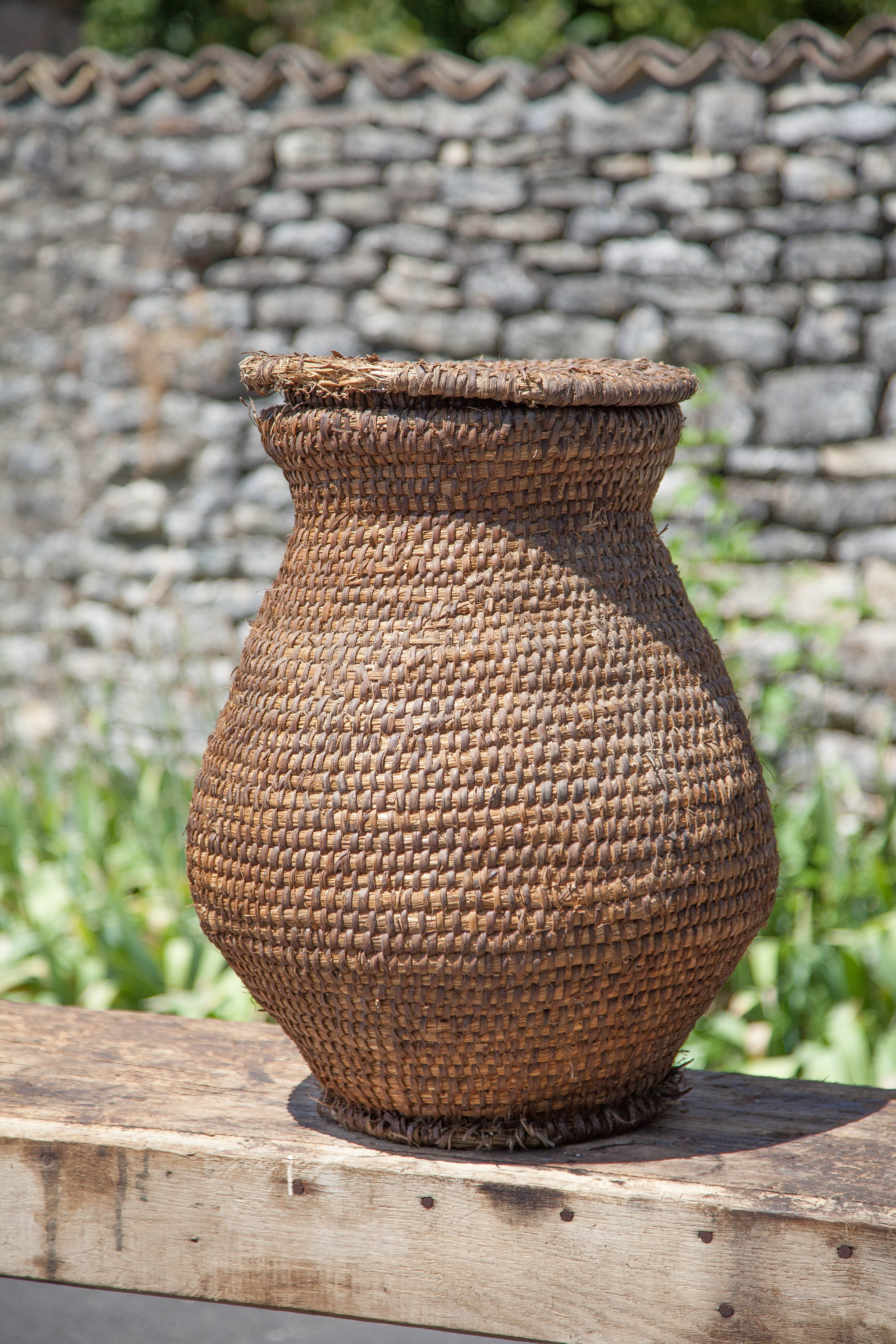 Old basket, burgundy straw and bramble with lid, woven basket