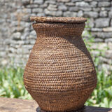 Old basket, burgundy straw and bramble with lid, woven basket