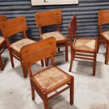 Set of 6 straw wood chairs 1950