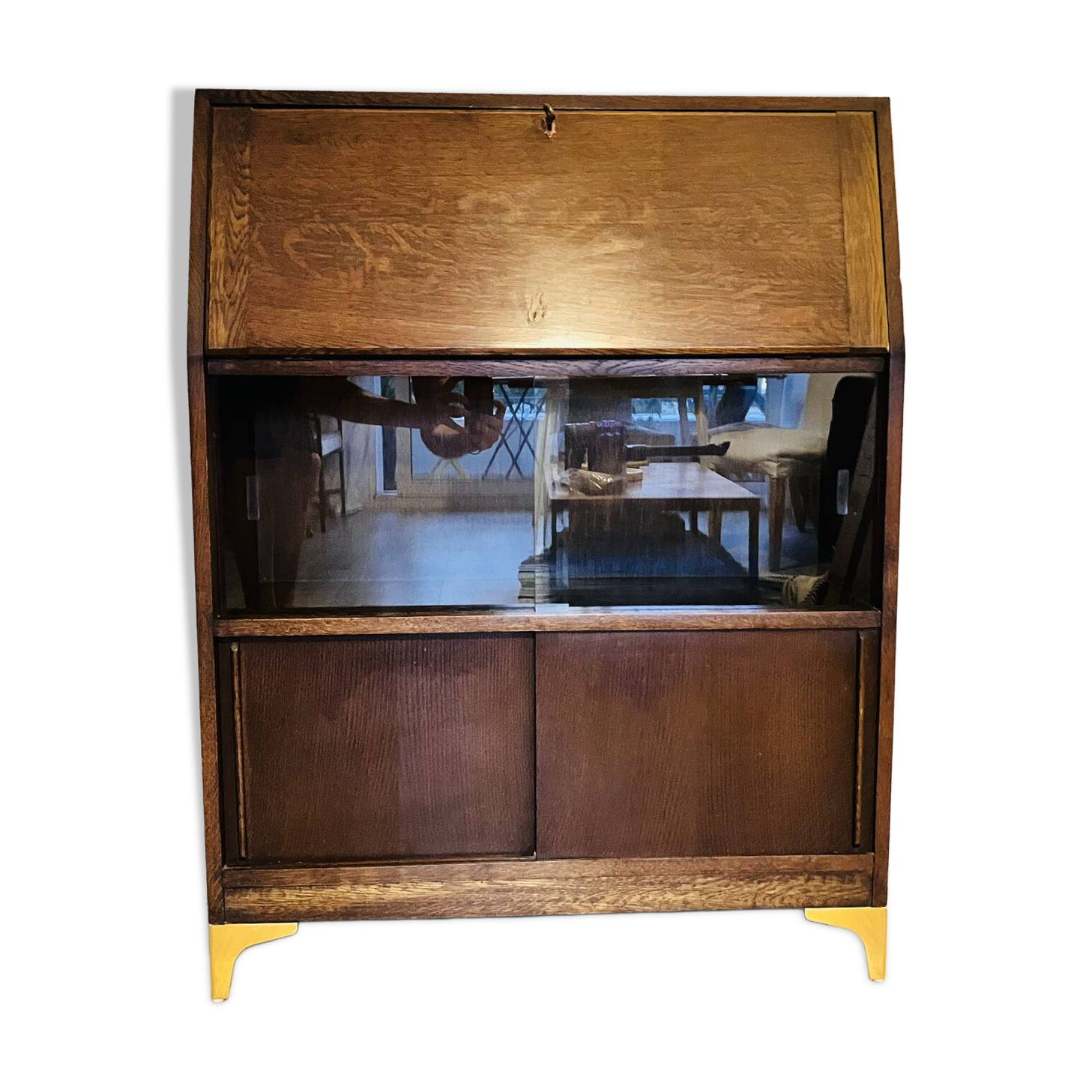 Solid oak secretary with golden feet