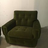 Pair of armchairs, green velvet on wheels, from the 70s