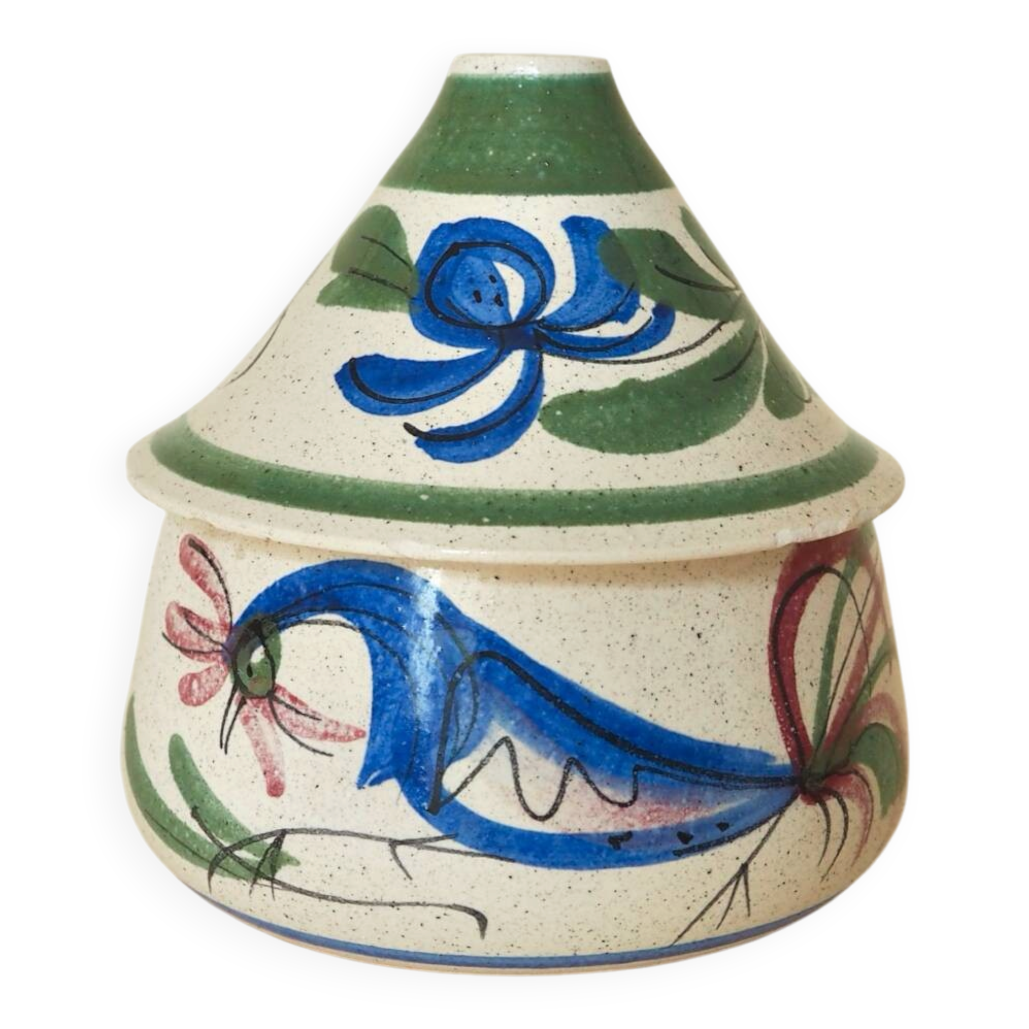Covered pot in Pignot earthenware, rooster decoration.