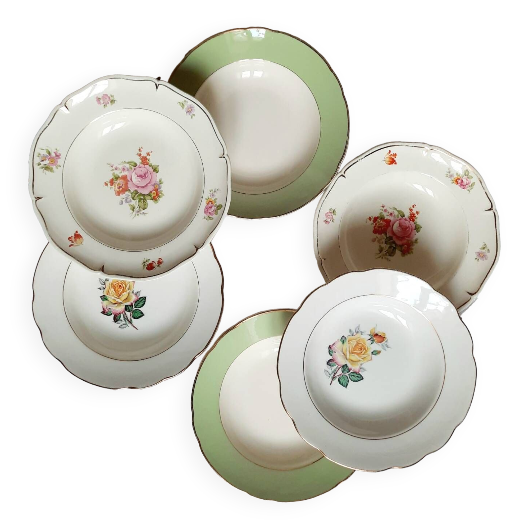 Old mismatched earthenware soup plates