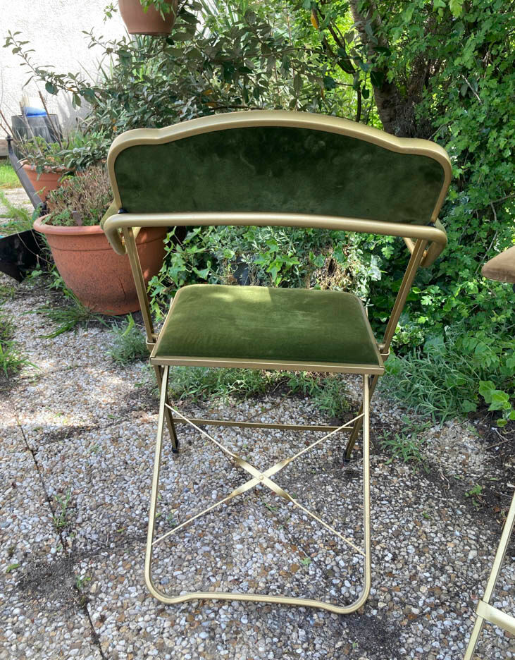 Set of 4 vintage folding armchairs in green velvet