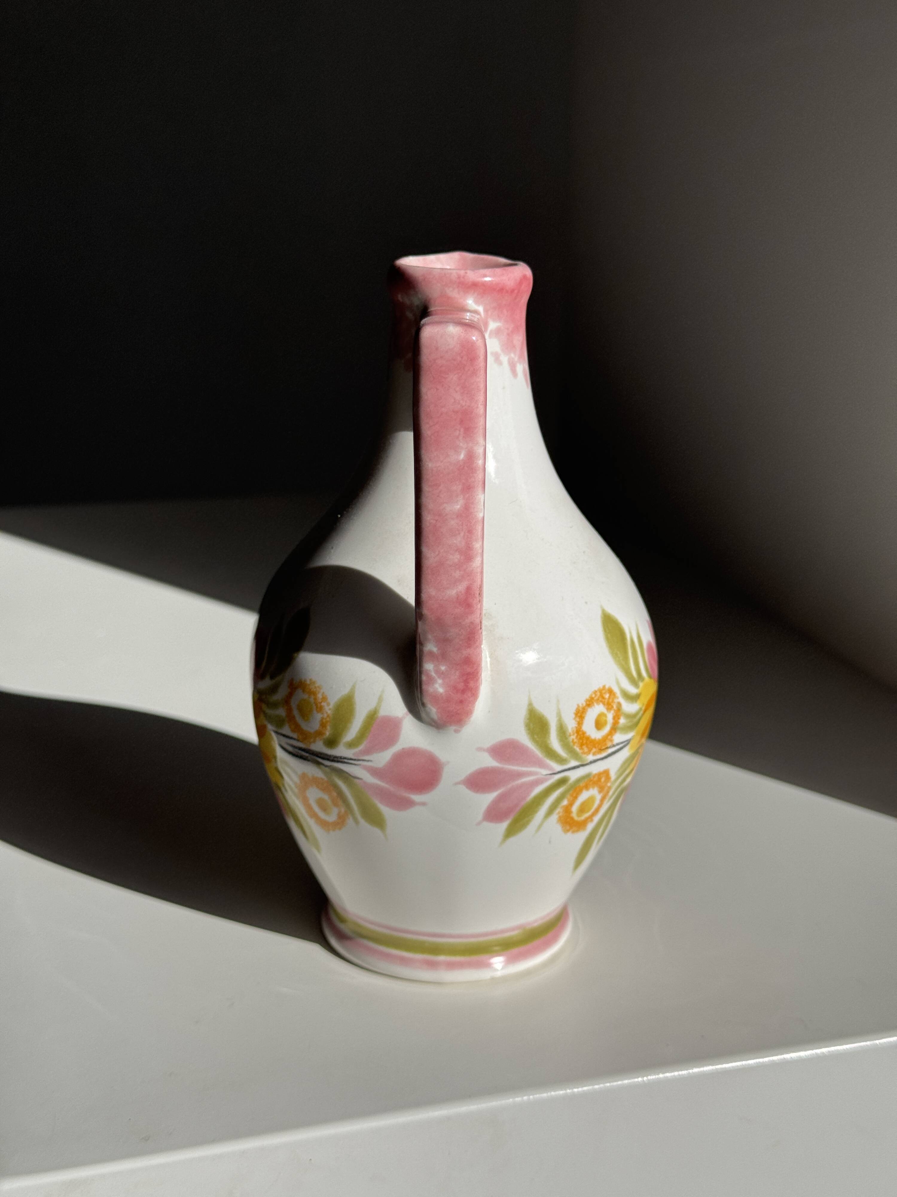 Mini vase with stylised flowers in green and yellow roses, H15.5.