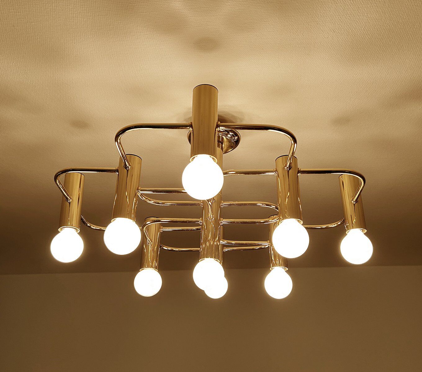 Large Space Age gilded ceiling light from Leola