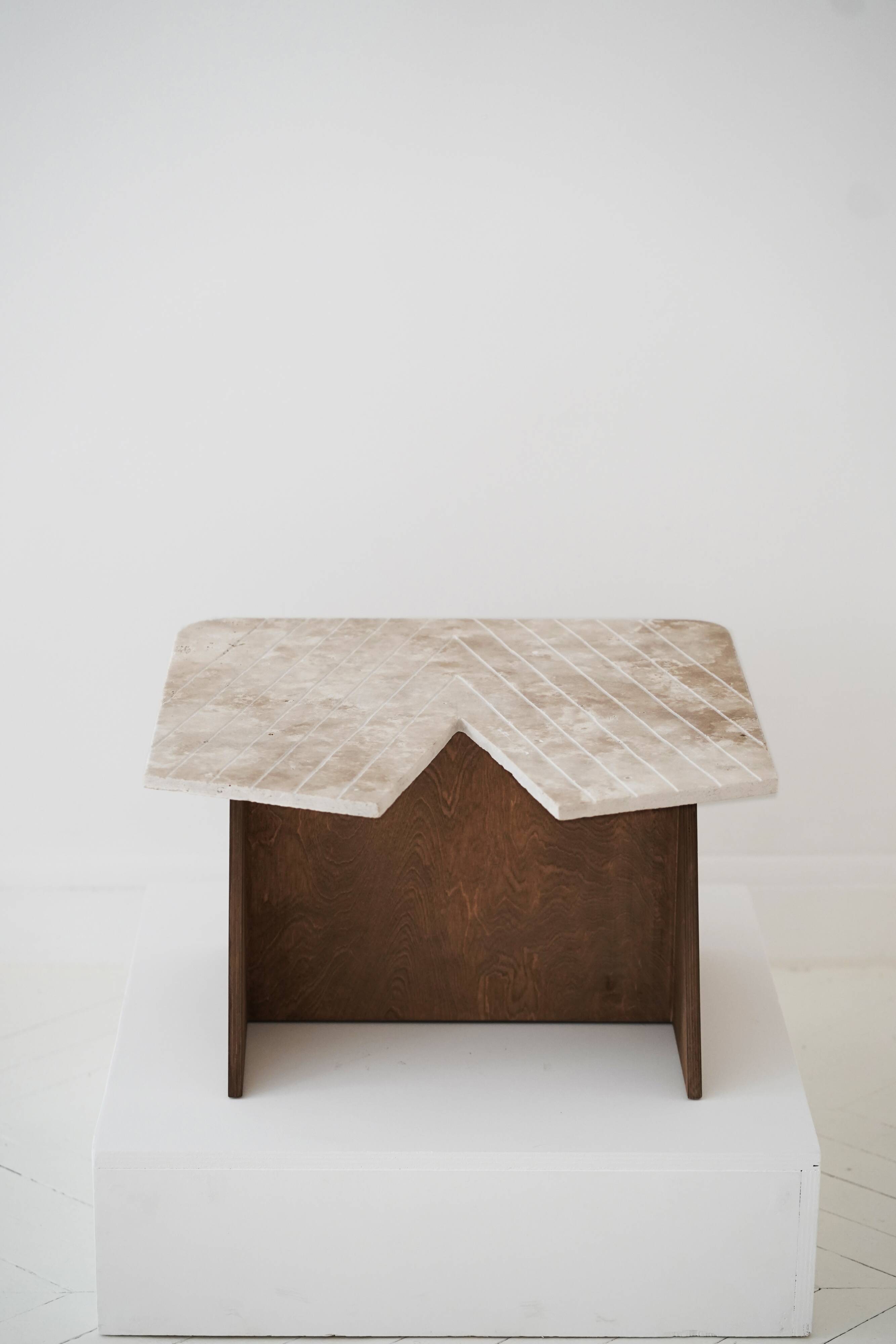 Wood and sculpted travertine table - Italy 1970
