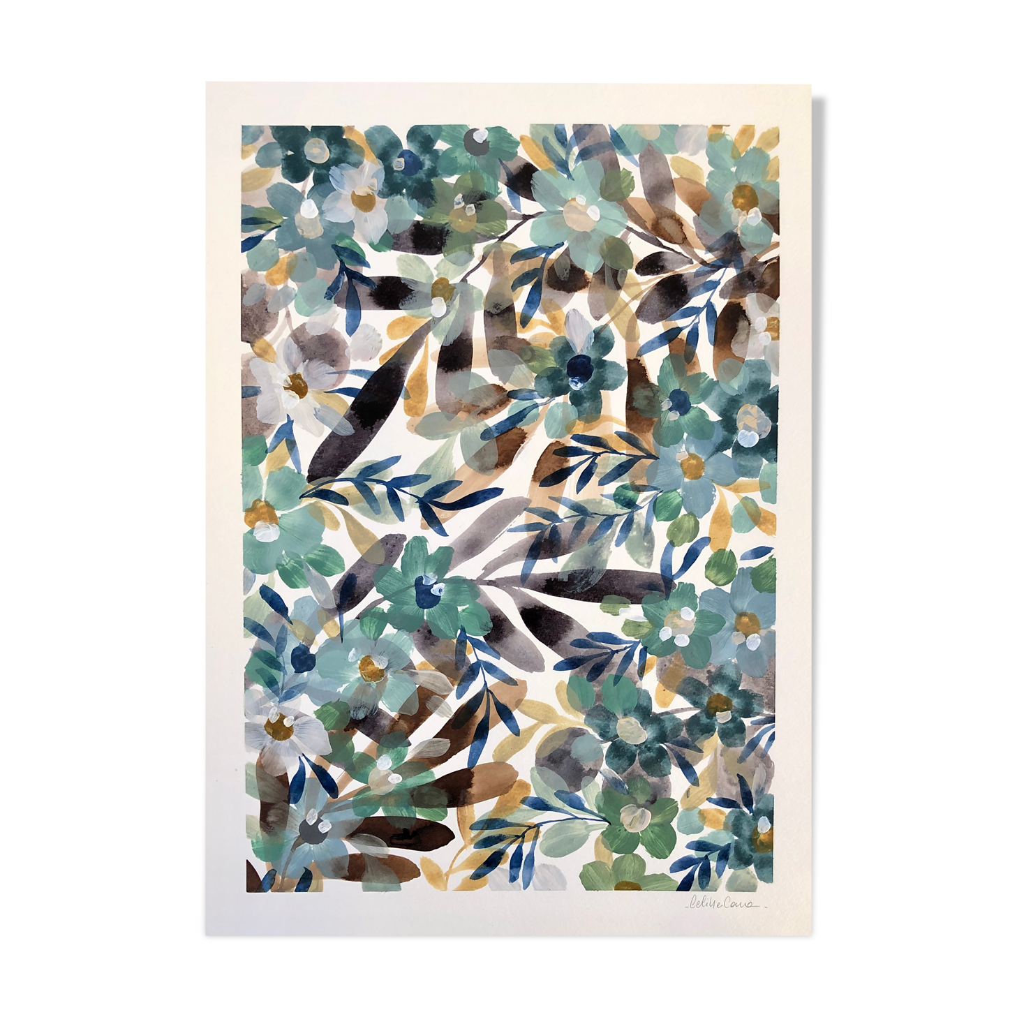Peinture A3 Fleurs et feuillages du soir