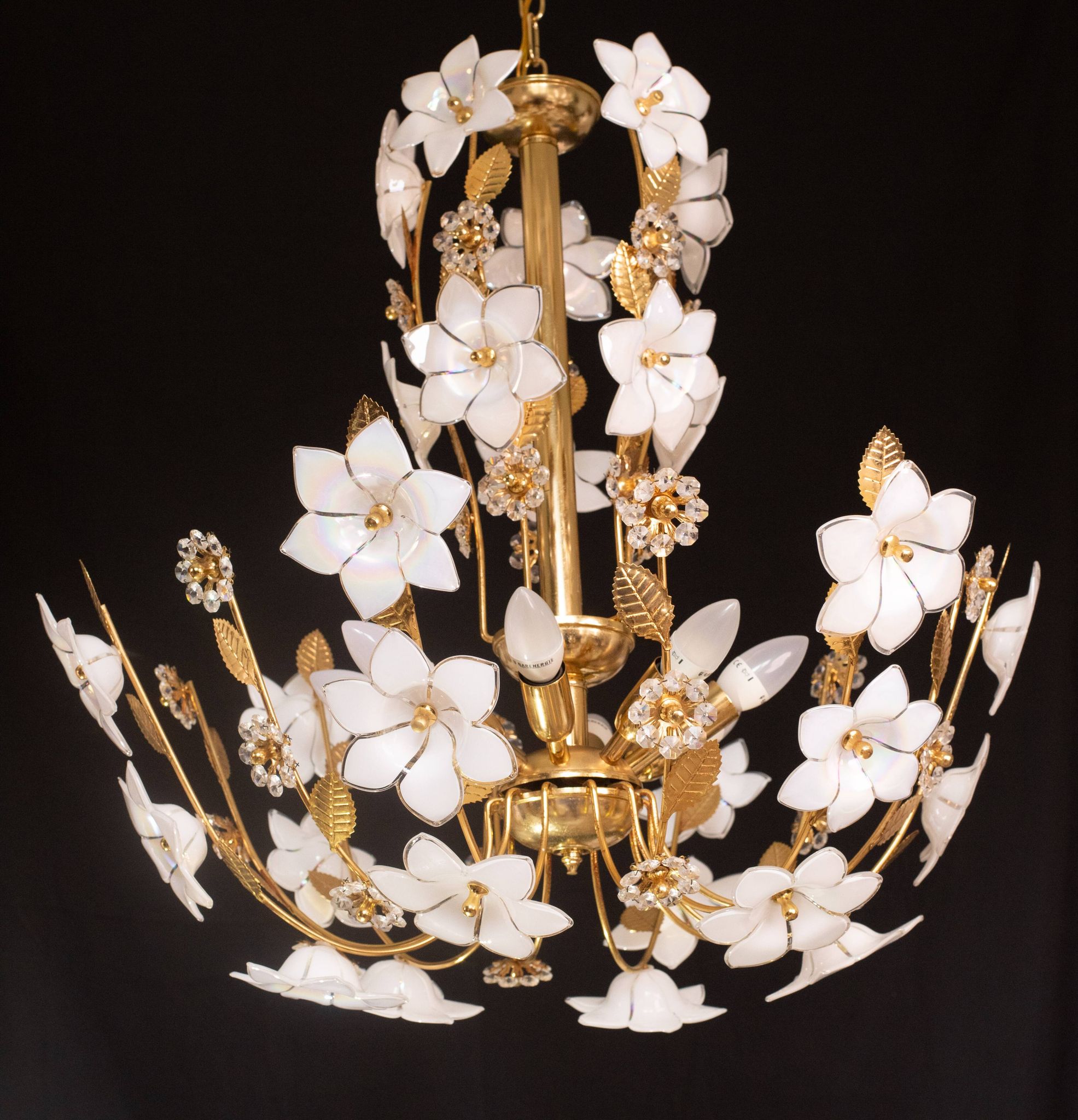 Large Size Vintage Murano Glass Chandelier White Flowers, 1970