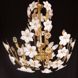 Large Size Vintage Murano Glass Chandelier White Flowers, 1970