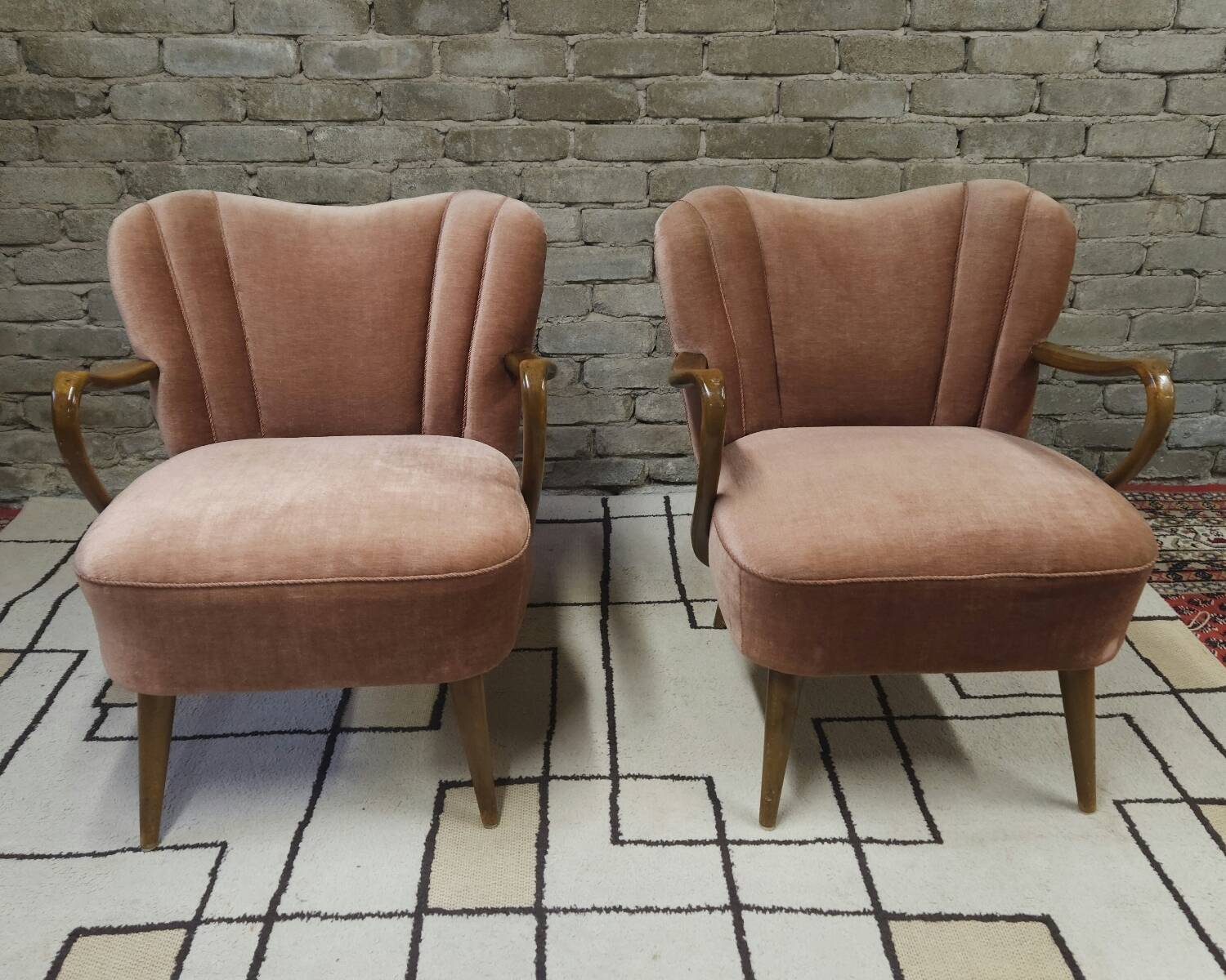 Pair of pink velvet cocktail armchairs 1960