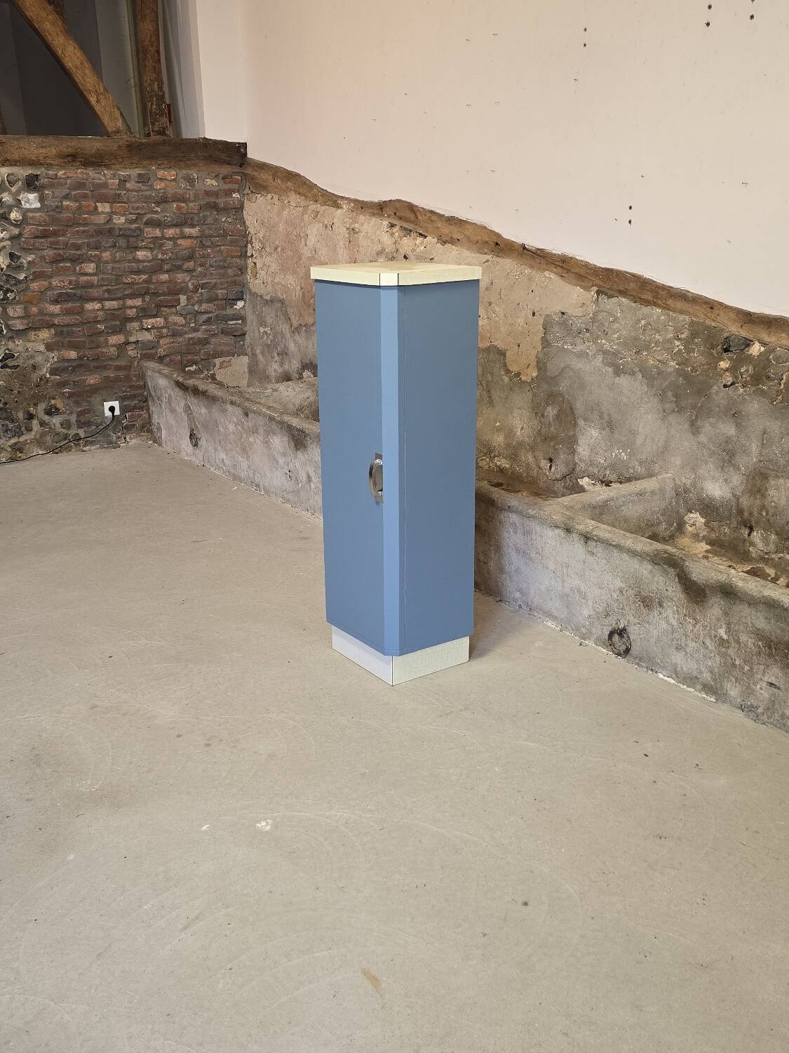 Small Mado 1960 kitchen column unit in yellow formica restyled in blue