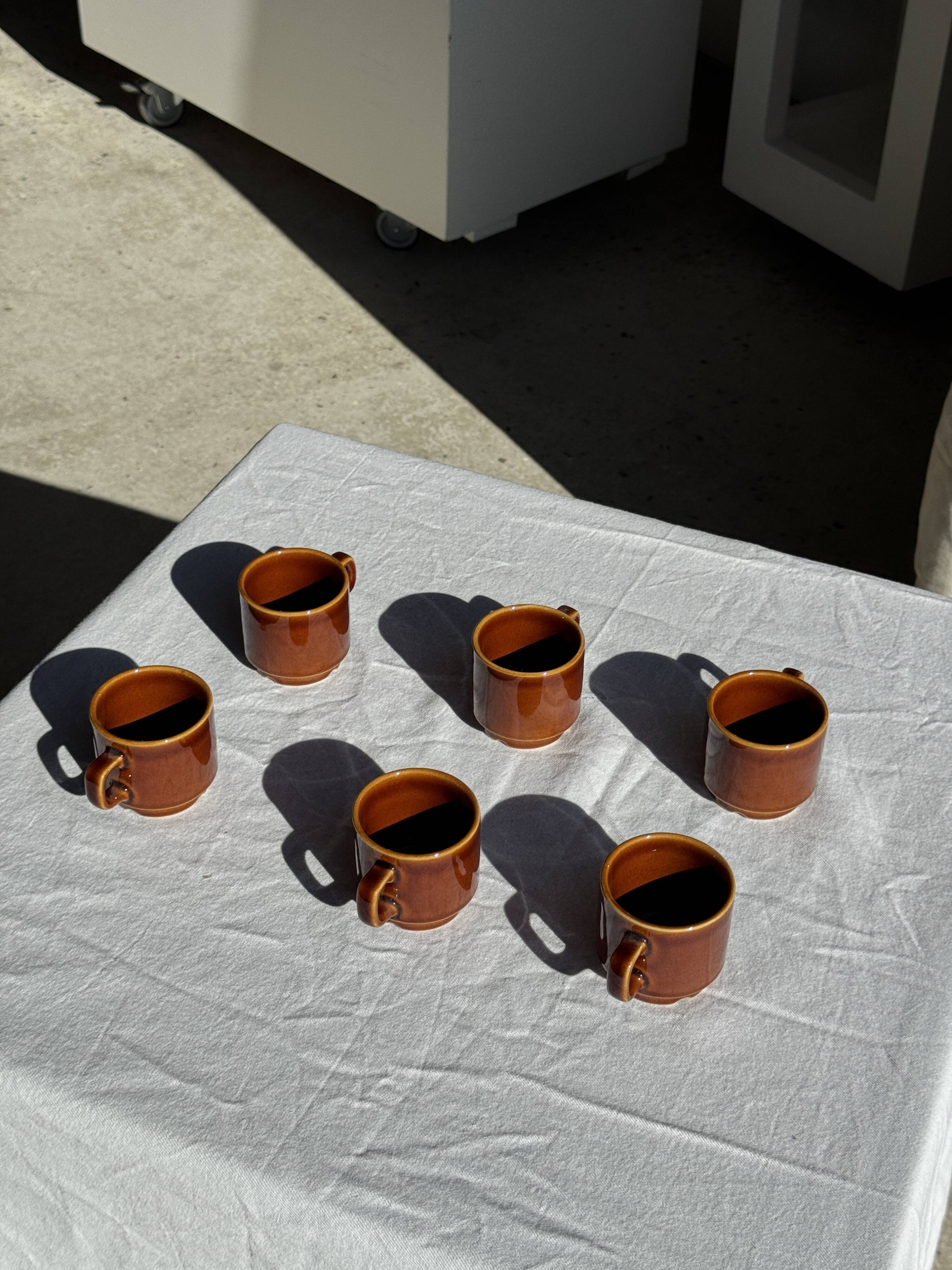 Set of 6 vintage brown glazed ceramic espresso cups with saucers.