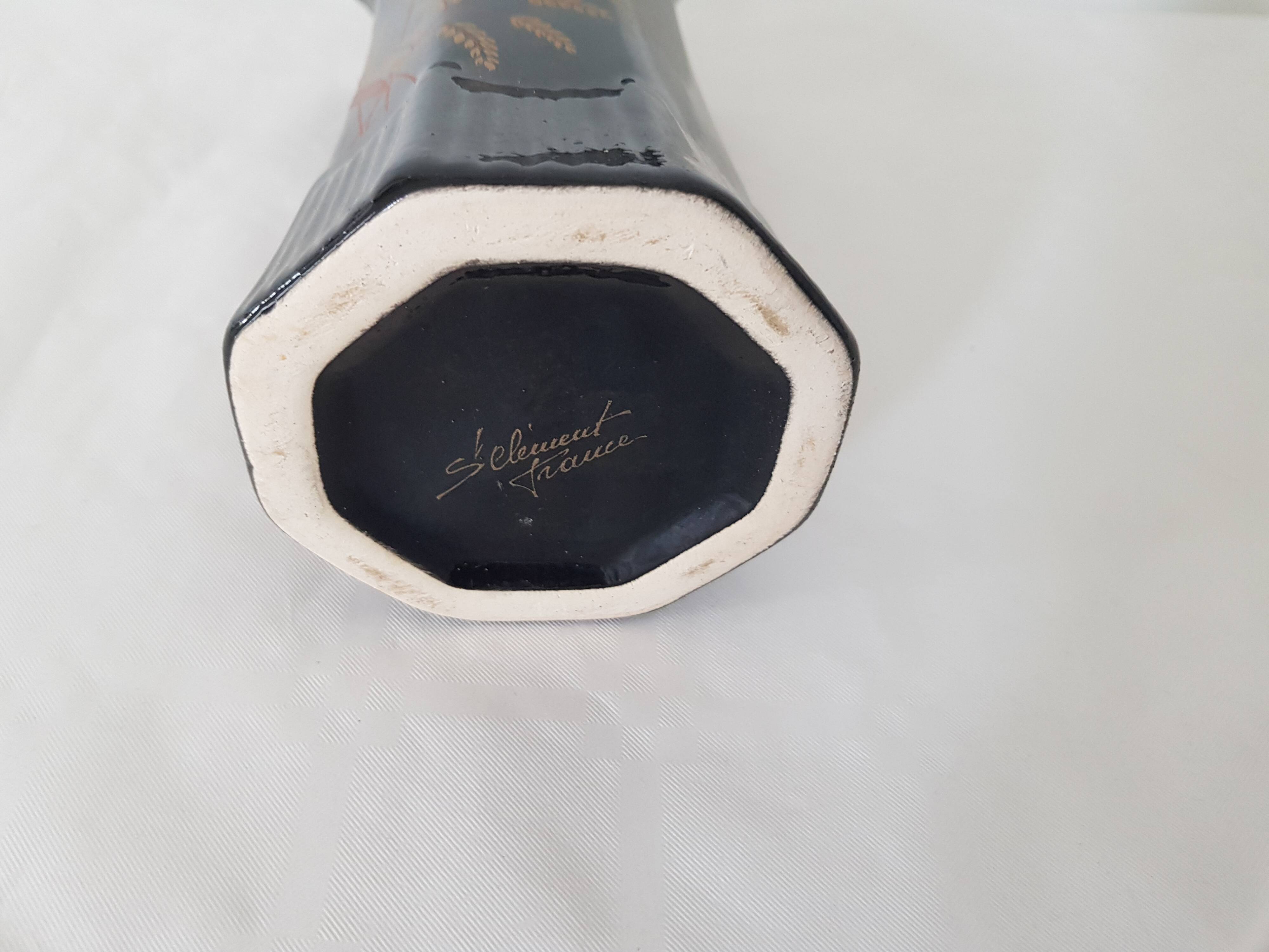 Black octagonal ceramic vase with floral pattern - Signed St Clément - vintage