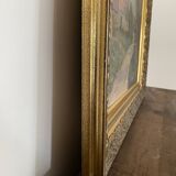 Old oil painting on canvas attributed to R. SCHWAB. Village vintage gilded wood frame 65 x 80 cm