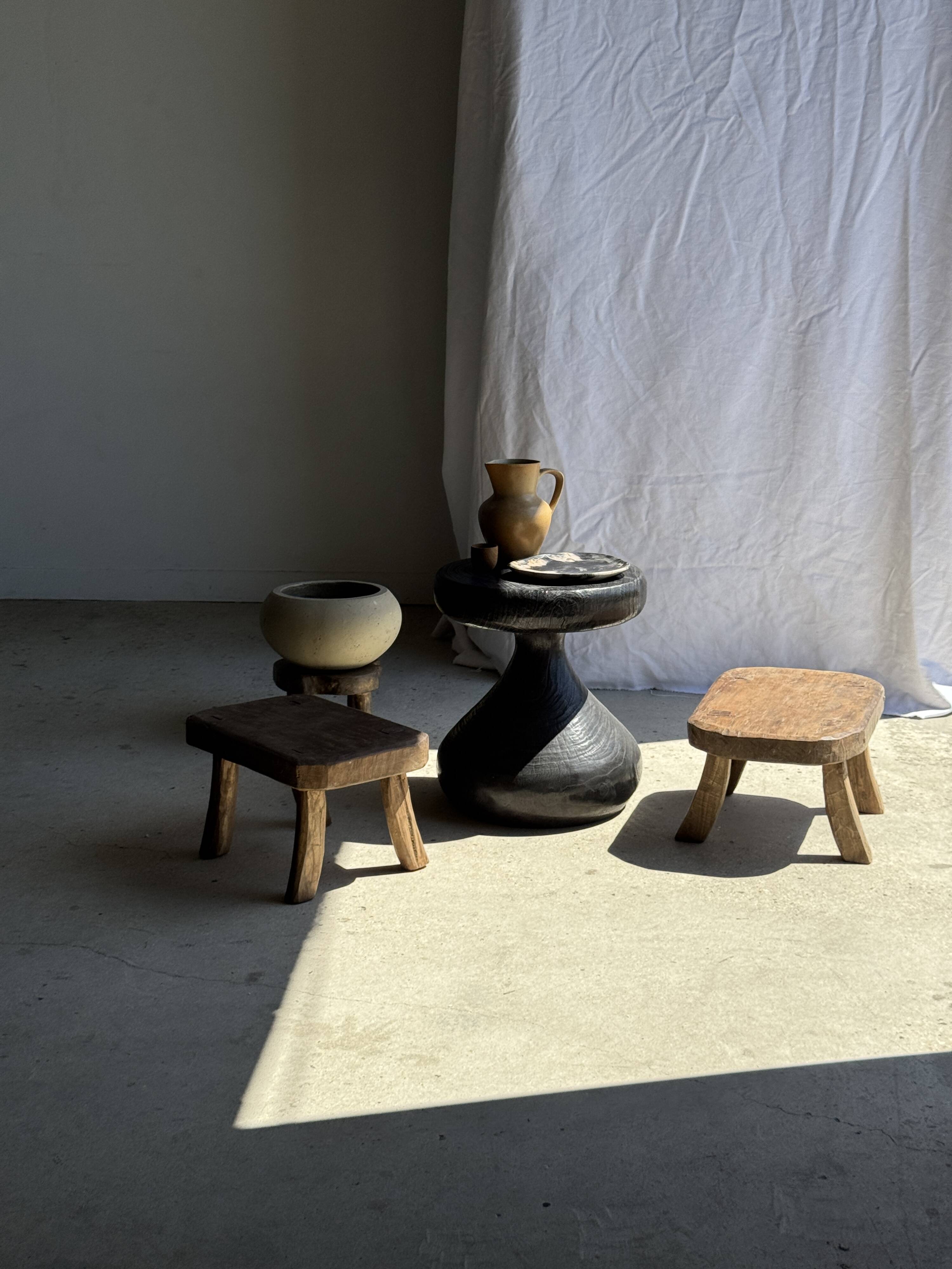 Small stool, oval solid teak accent stool wabi-sabi H25 45x31.
