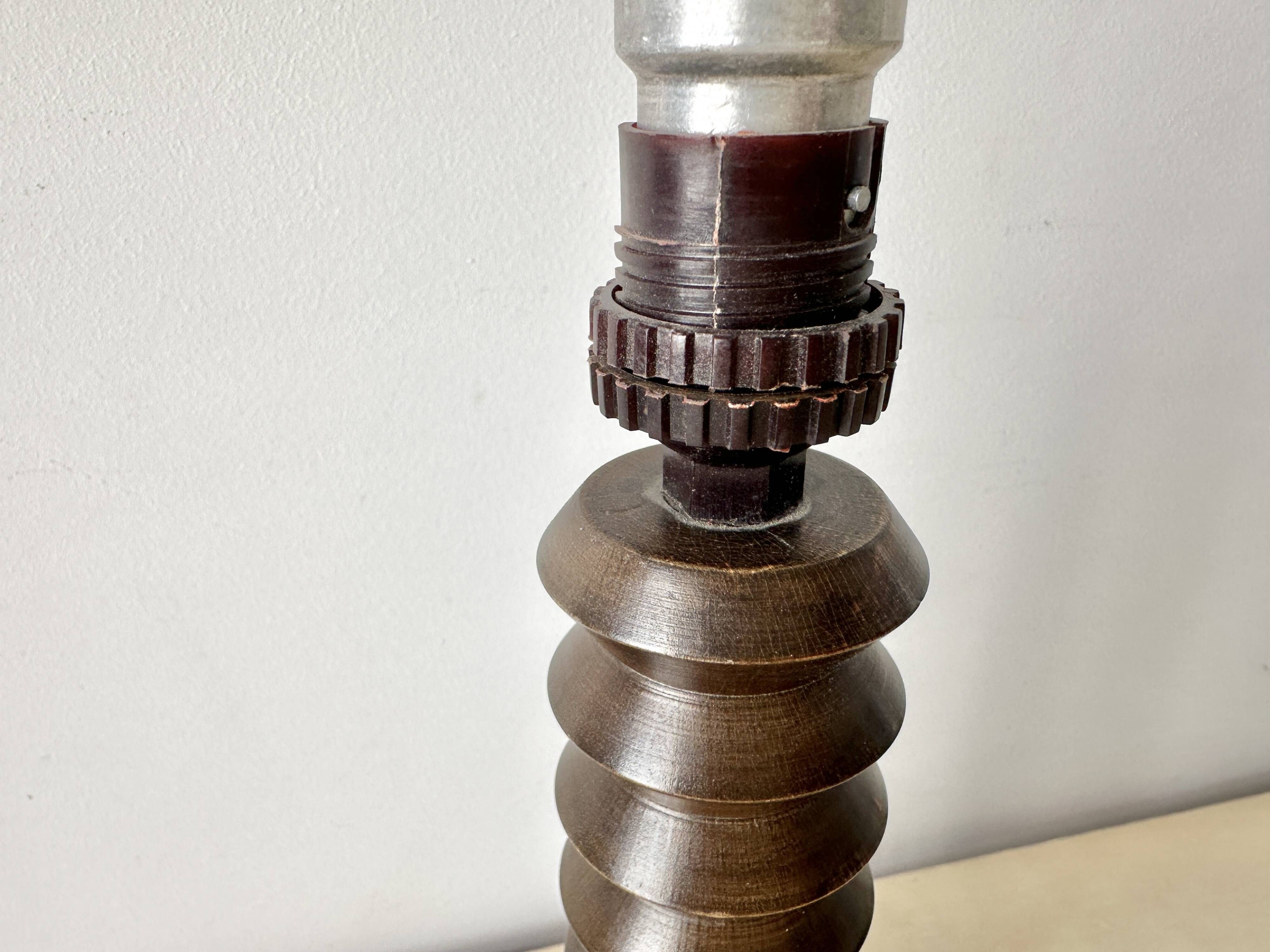 Rustic wooden turned lamp base from the 1950s, vintage rustic lighting.