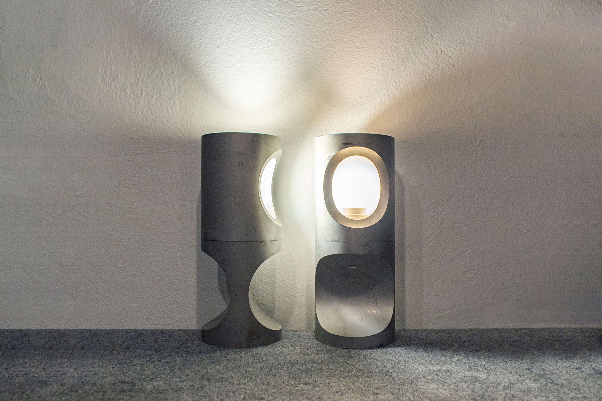 Pair of burnished aluminum lamps Italy 50s