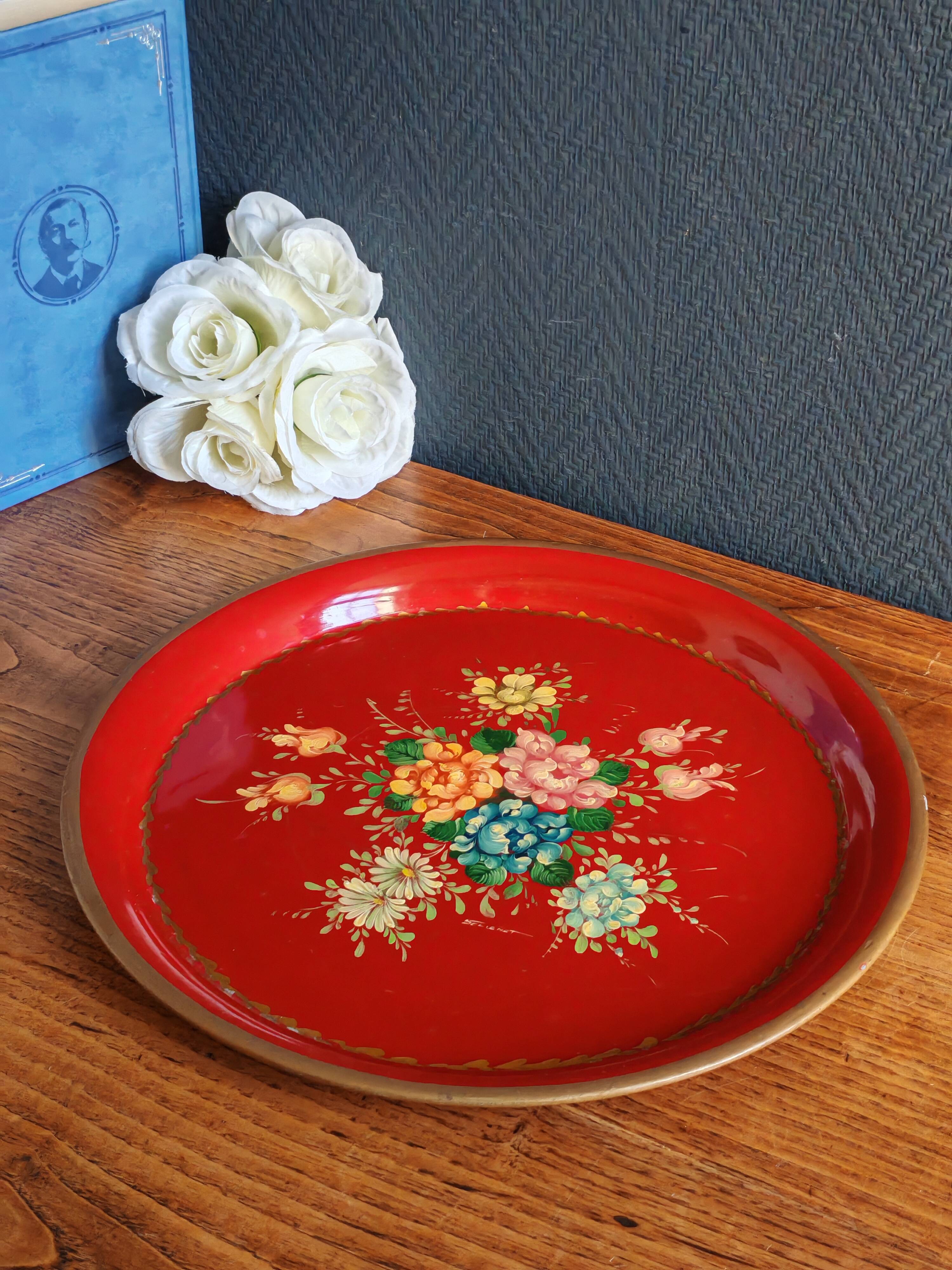 Old Red Plate Signed - Hand-Painted Floral Decoration