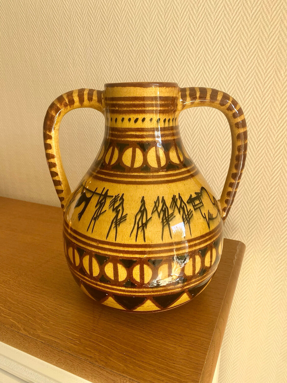 Large vintage ethnic vase with tribal decor