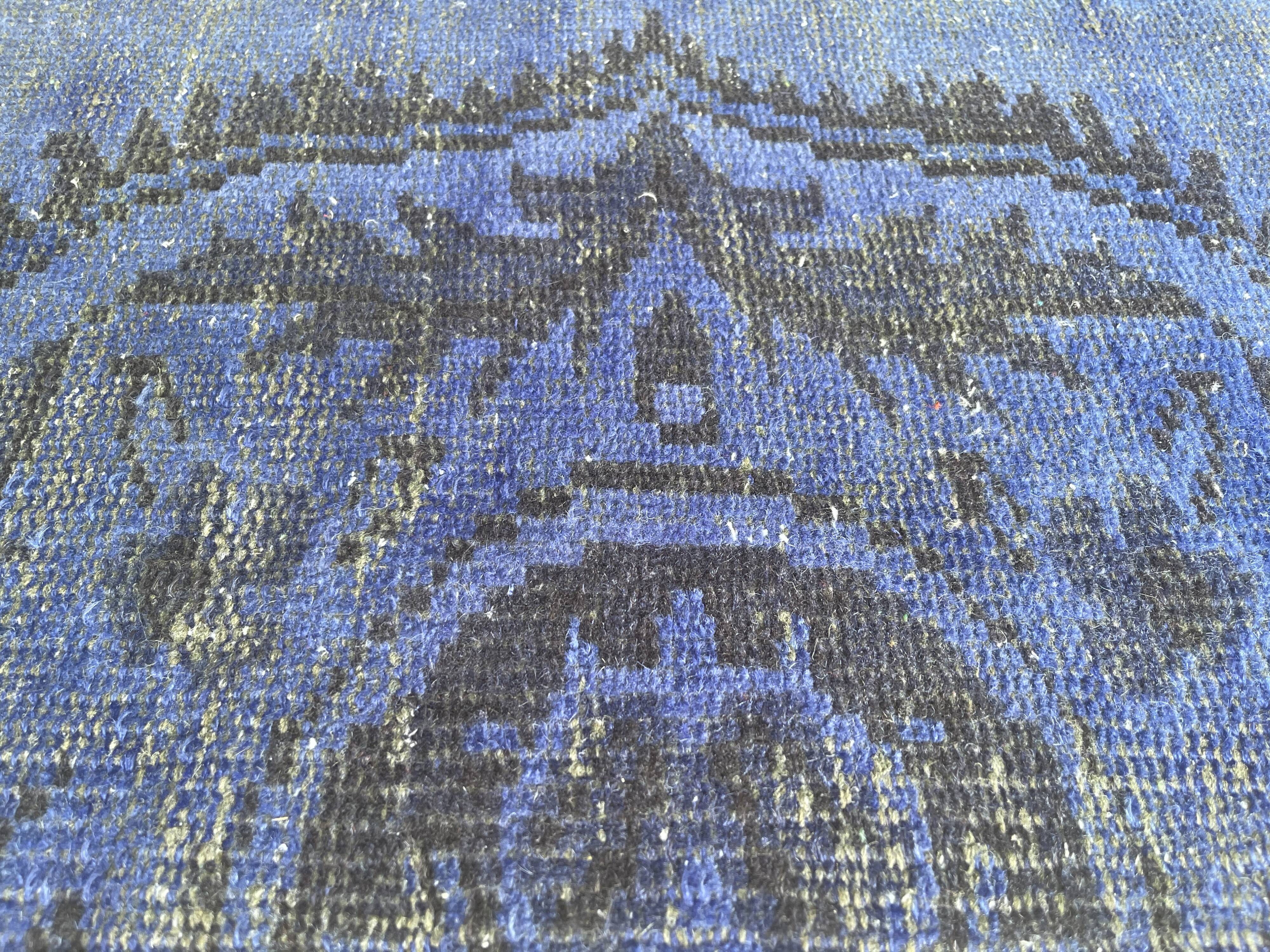 Distressed Turkish Narrow Runner 217 x 65 cm Wool Vintage rug, Over-dyed Blue