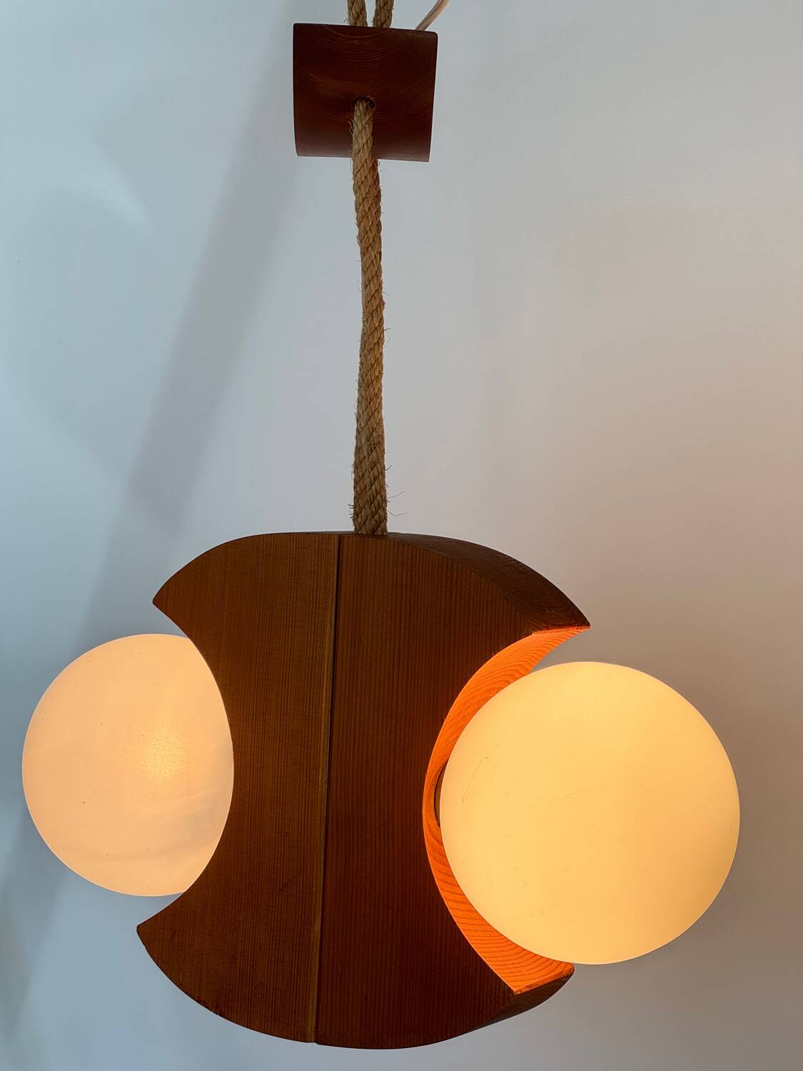 Scandinavian design chandelier pendant, rope, opaline and pine, from the 1980s