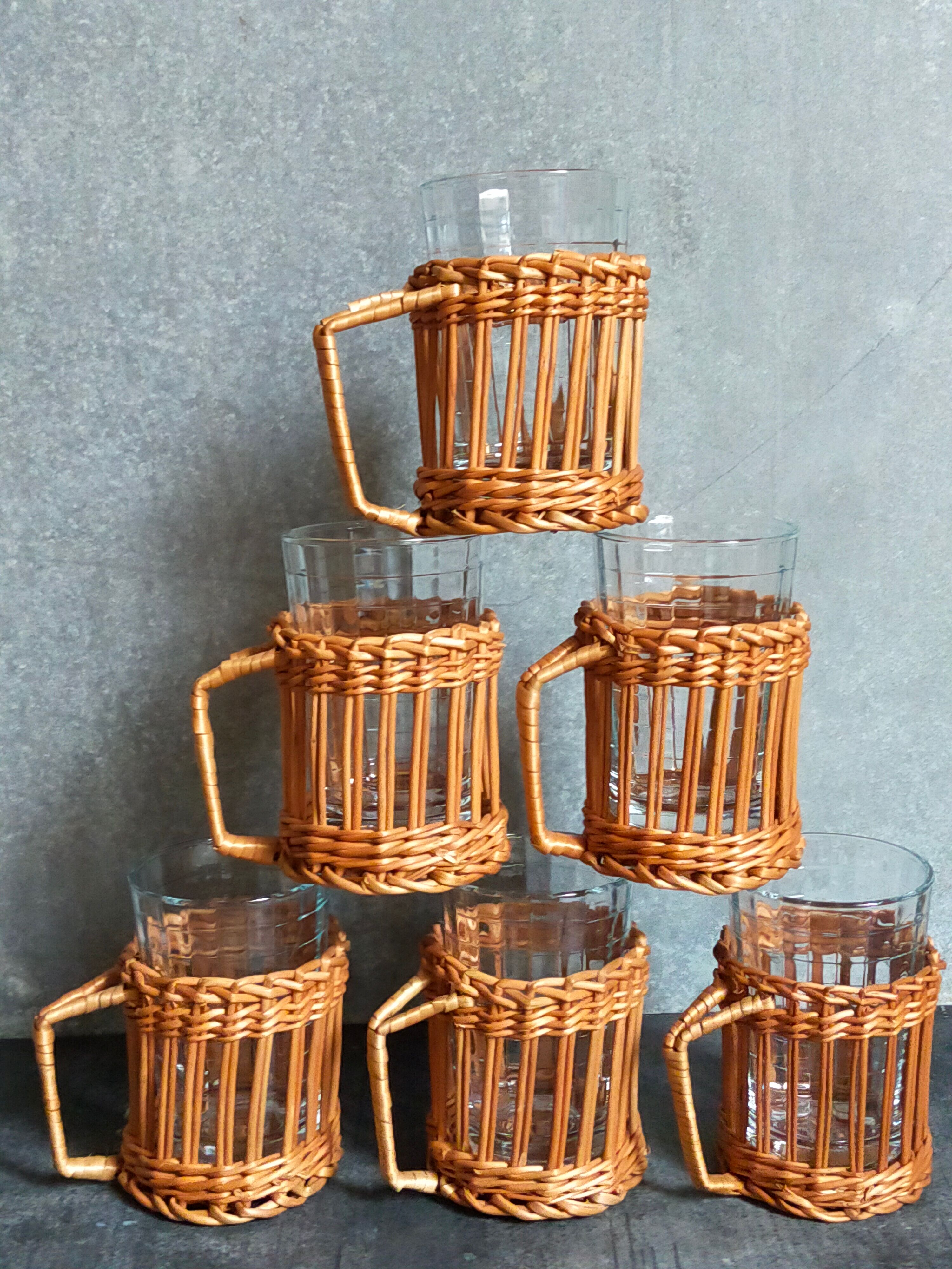 Six vintage 50s glasses in braided rattan cases